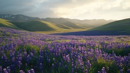 Fototapeta premium Expansive Lavender Field Under Soft Golden Sunset with Majestic Mountains in the Background Creating a Serene and Peaceful Landscape