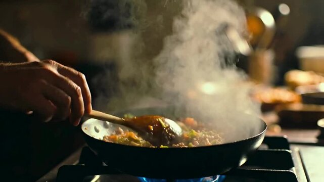 A skilled chef prepares a delicious meal on a gas stove, expertly cooking ingredients in a steaming hot pan. The warm lighting and rising steam create a sensory experience, evoking aromas and flavors.