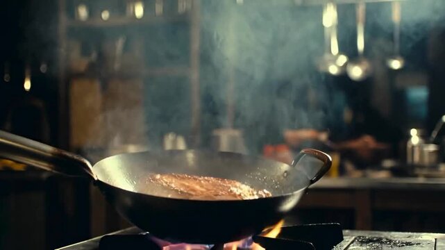 Capture the dynamic action of cooking with this intense kitchen scene. A wok sizzles on a stovetop, flames dancing beneath as smoke rises, evoking a sense of culinary expertise and high-energy food pr