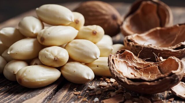 Pile of peeled almonds and cracked walnut shells on a wooden table