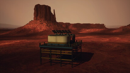 A unique habitat stands tall on the rusty Martian surface, surrounded by majestic rock formations. Solar panels gleam under the reddish sky, showcasing new possibilities for space living. © icetray