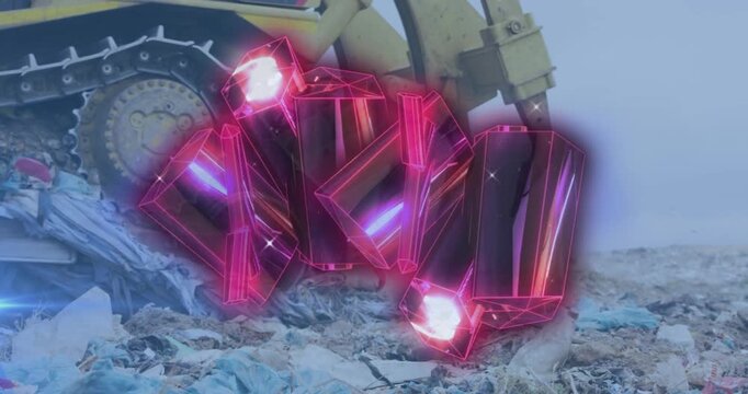 Animation of geometric pattern over machinery leveling garbage in dumping ground