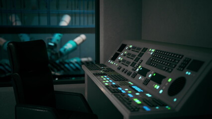 Fototapeta premium A dimly lit control room displays an array of illuminated panels and buttons. A dark chair stands empty, hinting at recent activity.