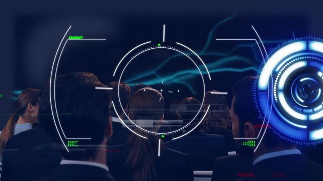 Diverse team collaborates, watching glowing lines on a digital interface.
