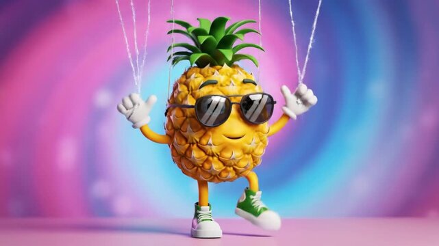 Animated pineapple character with sunglasses stands against a colorful background