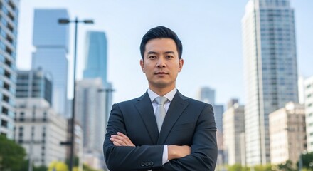 Fototapeta premium Portrait of an Asian Businessman Standing Against Downtown with Copy Space