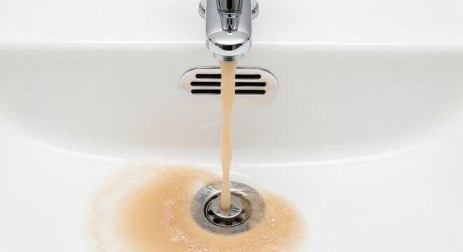 Rusty colored water is flowing from a metallic faucet into a clean white basin