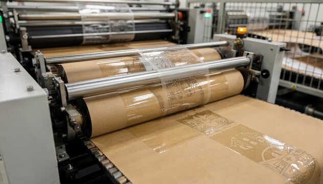 Medium shot showing flexo print decks applying a glossy spot varnish finish selectively to enhance artwork on cardboard packaging inline.