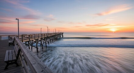Obraz premium A serene pier stretches into the calm ocean at sunrise with gentle waves and a vibrant sky, viewed from the wooden deck.