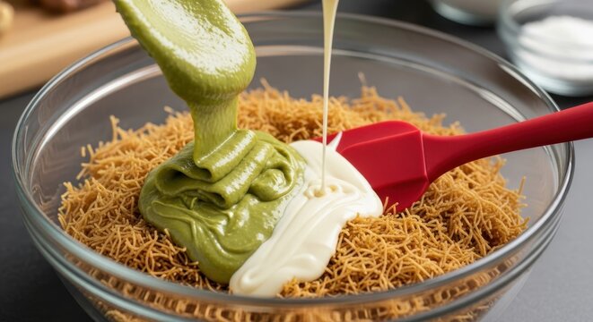 Pour pistachio spread and melted white chocolate over the kadaif.