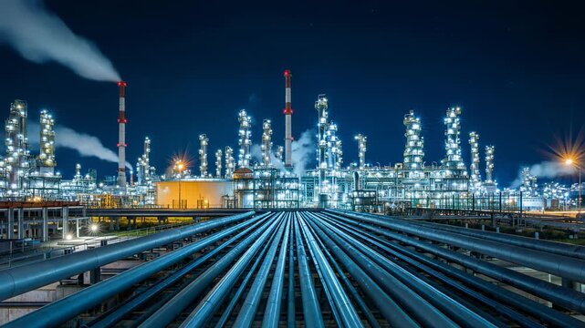 Night view of illuminated oil refinery with multiple pipelines and industrial towers under clear sky