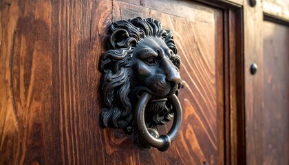 Antique Lion Head Door Knocker on Wooden Door.
