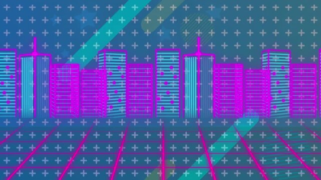 Animation of plus signs over buildings on grid pattern with lines against abstract background