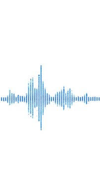 A graphic waveform comprised of blue dots appears against a white backdrop, like a sonic visualization