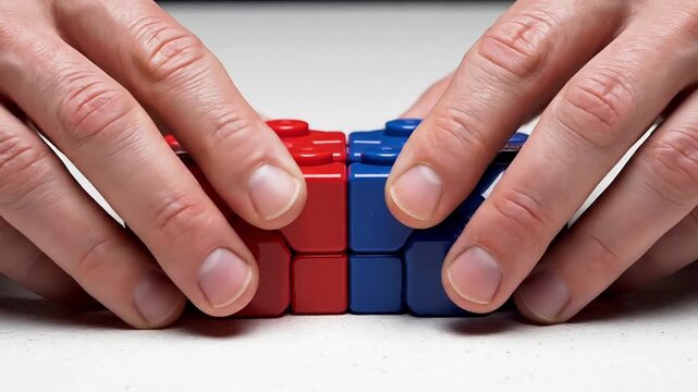 Dynamic hands precisely engage vibrant building blocks, symbolizing the intricate process of connection, strategic integration, and collaborative resolution for a unified structure