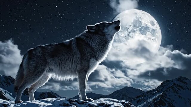 Lone wolf howling at full moon in night sky silhouette