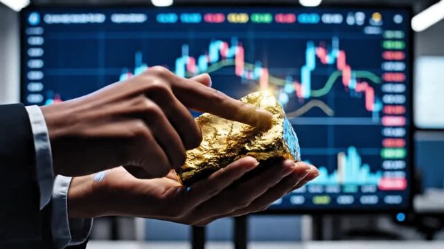 Video, employee's hand holding a gold nugget with a blurred computer screen background displaying financial charts, stocks, crypto, 