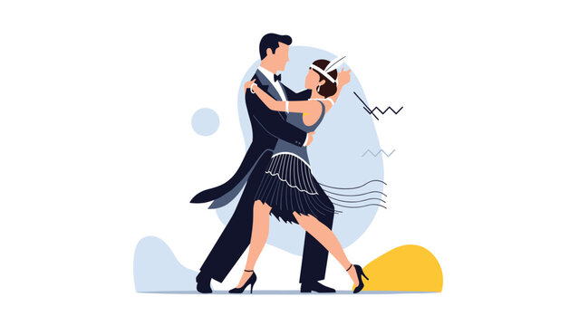 Elegant couple in formal attire performs a sophisticated ballroom dance move against a minimalist abstract background.
