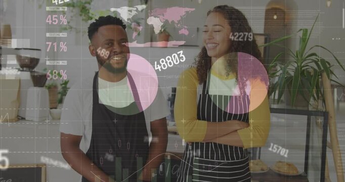 Animation of data processing against portrait of diverse waiter and waitress smiling at a cafe