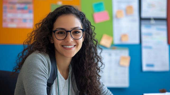 Close-up of a smiling secretary at a nonprofit organization, colorful mission statement wall behind, clipboard and name badges neatly arranged on desk, warm natural daylight, inclu