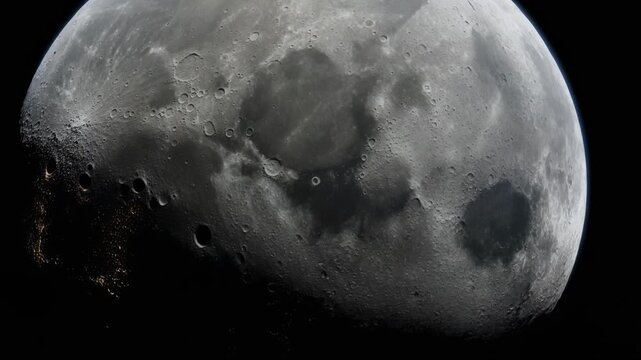 Detailed close-up view of the moon surface showing craters and lunar maria in space