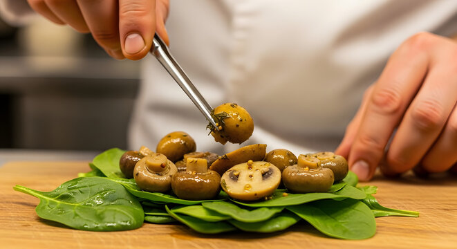 Close-up of a chef's hands meticulously garnishing cooked mushrooms on a bed of fresh spinach leaves with tongs.