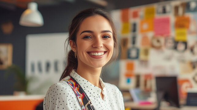 Close-up of a smiling secretary at a nonprofit NGO office, colorful mission statement typography wall, desk with volunteer badges and clipboard, calm professional mood