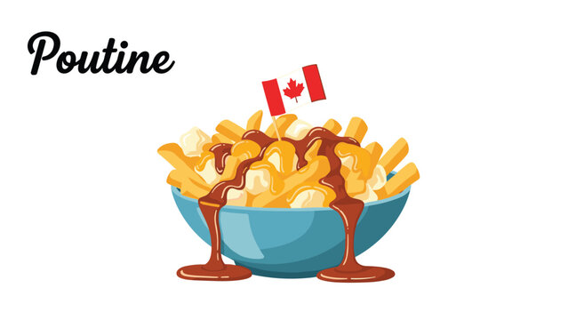 Bowl of traditional canadian poutine with french fries, cheese curds, and gravy topped with a small flag of canada.