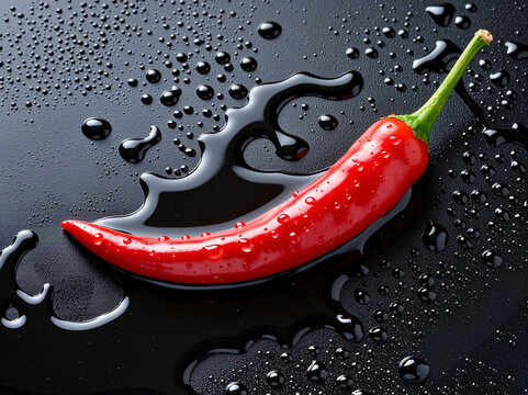 Red hot chili pepper with glossy water droplets on a dark textured surface with liquid splashes.
