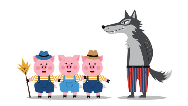 Three little pigs standing together in front of a large grey wolf from the classic and famous children's fairy tale.
