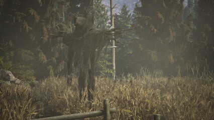 In a peaceful rural landscape, a weathered scarecrow stands guard over a golden field. Mist clings to the ground as trees sway gently in the cool breeze. © icetray