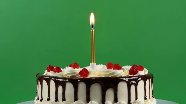 Birthday cake with candles in front of a green screen