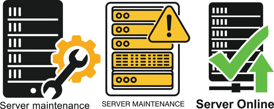 Server status icons including maintenance alert and online on isolated on transparent background