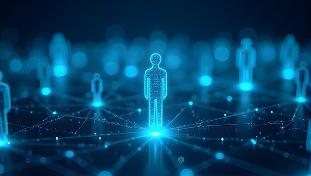 A glowing blue neon human silhouette standing, futuristic network of connected digital people icons - leadership, business strategy, startup, global networking, digital community, ai, connection 