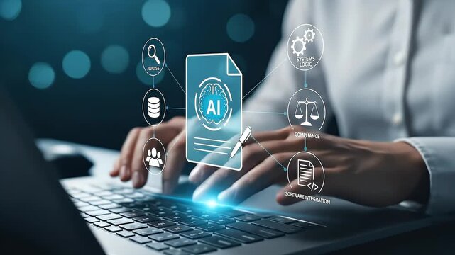 AI-powered document and text generation. Retrieval-augmented generation RAG. Business process automation with generative AI. Businessperson using laptop computer.
