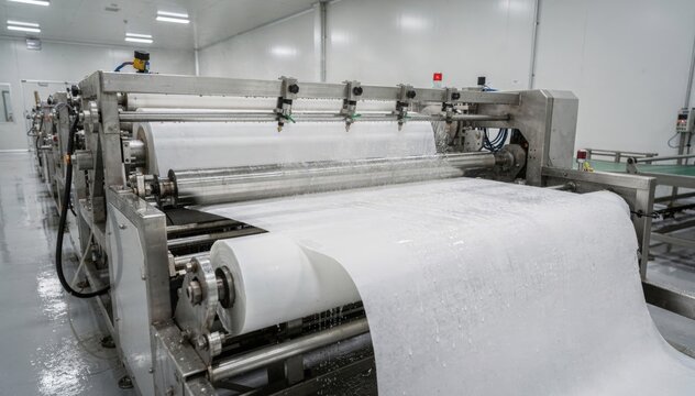 Medium shot of automated machinery cutting and wetting nonwoven fabric rolls for soft pack wet wipes production in a sterile factory setting.