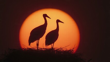 Obraz premium Stunning Silhouettes of Two Cranes at Sunset Against a Giant Orange Sun