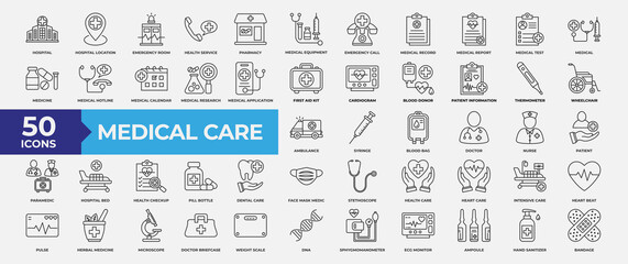 Medical Care Icon Set Line Style Vector Illustration. Containing icon hospital, emergency, health, medical, pharmacy, patient, medical equipment, doctor and medicine.