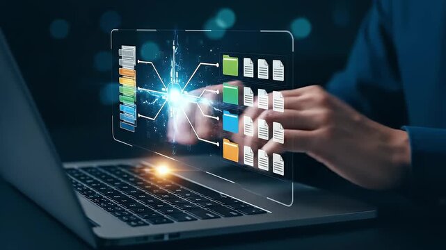 Document classification. Document management system DMS. File and folder icons. Businessperson using laptop computer for managing documents.
