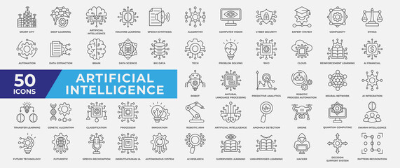 Artificial Intelligence Icon Set Line Style Vector Illustration. Containing icon smart city, machine learning, algorithm, cyber security, automation, big data, brain and innovation.