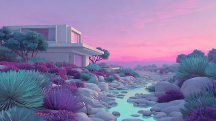 Stunning Futuristic White House Overlooking a Serene Dry Riverbank Landscape