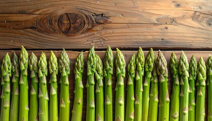 Fresh Green Asparagus Stalks Lined Up on a Rustic Wooden Background.