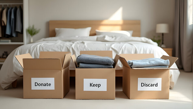 Three cardboard boxes labeled "donate, keep, discard" on bedroom floor - home organization, decluttering, relocation, recycling, moving house, sorting, minimalist lifestyle, charity 
