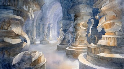 Fototapeta premium Ancient Atlantean Library A Realm of Glowing Knowledge and Ethereal Wonder Illustration