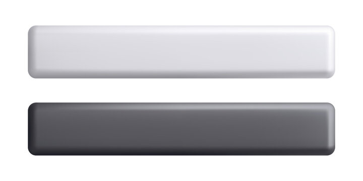 3D space bar or long rectangular push button mockup of white and black color isolated on white. Monochrome plastic key or empty nameplate in realistic style. Clean vector minimalist shape.