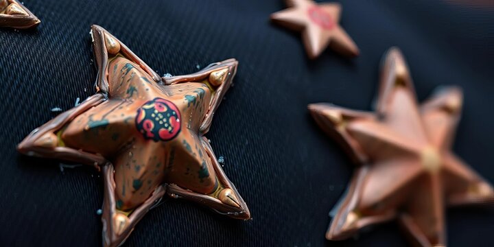 Close-up of worn, distressed star-shaped studs on dark fabric, clothing, denim