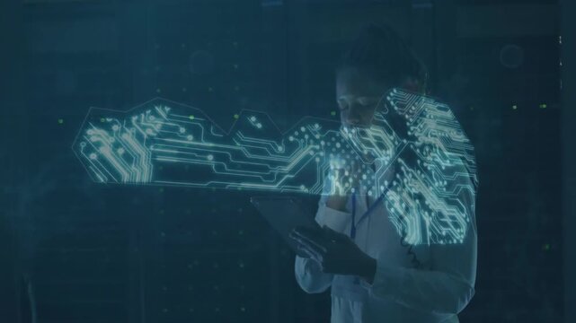 female technician tapping tablet screen, generating holographic key for securing server room data