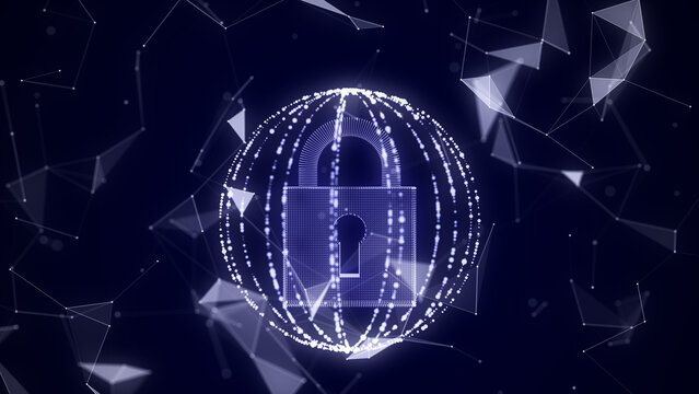Abstract sphere in AI big data network connection. Futuristic flow of dots and lines. Science background. 3D model dynamic security circle. Global technologies. 3D rendering.