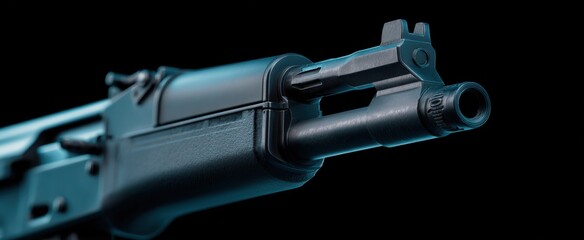 Naklejka premium Medium close-up of a sleek military rifle’s trigger and barrel parts.