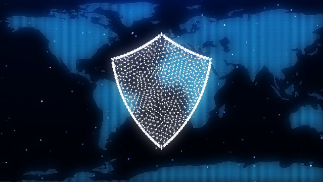 World map protected by AI shield. Cyber network connection structure. Abstract dynamic flow of security of big data. Safety measures and technologies. 3D rendering.